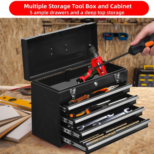 US Local Metal Tool Box With 4 Drawers Portable Steel Tool Chest With Metal Cylinder Lock And Latch Closure, Liner, Powder Coating, Suitable For Garage, Warehouse And Outdoor Repair Job-Black