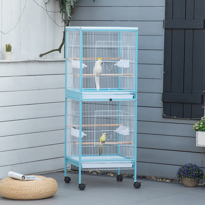 US Local 55inch 2 In 1 Bird Cage Aviary Parakeet House For Finches, Budgies With Wheels, Light Blue