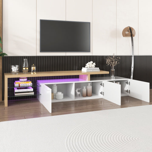 UK Local Modern TV Cabinet Design Stylish And Elegant, Practical Storage, High-gloss White, Wooden Look, Glass Shelves, LED Lighting