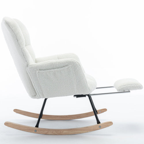 UK Local New Modern Teddy Fabric Tufted Upholstered Rocking Chair With Pull-out Footrest