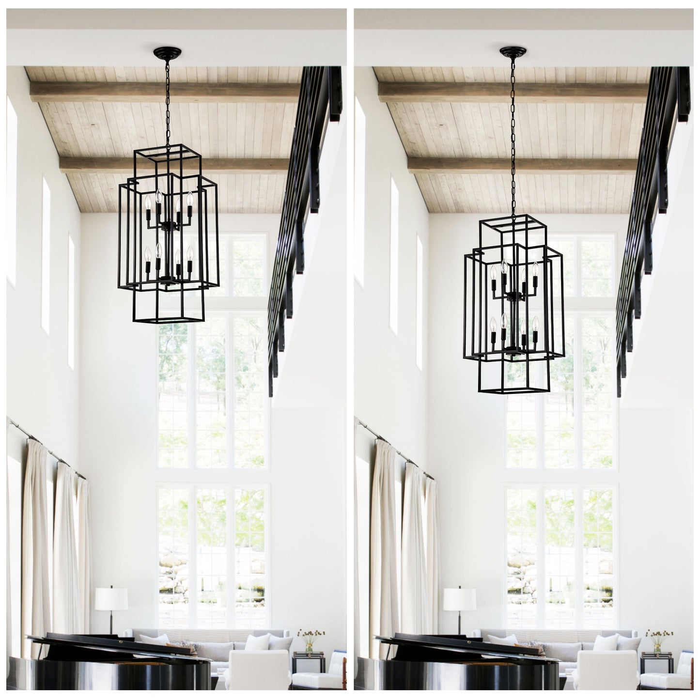 US Local 8-Light Metal Lantern Tiered Pendant Hanging Light Fixtures, Industrial Farmhouse Adjustable Height Chandeliers For Dining Room Hallway Foyer Entryway--Matte Black E12 Bulbs Not Included