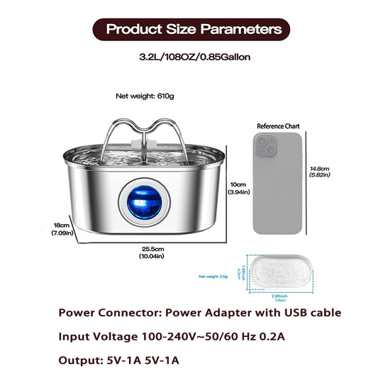 US Local 3.2L Cowhorn Model Pet Water Dispenser - Stainless Steel Automatic Water Fountain With 4 Replaceable Filters