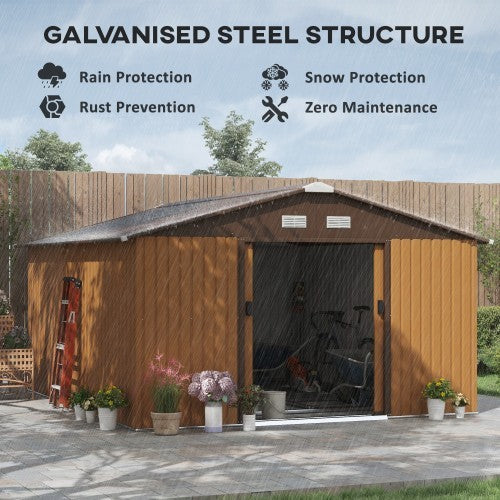 UK Local Outsunny 13 X 11ft Metal Garden Shed, Outdoor Storage Tool House With Ventilation Slots, Foundation Kit And Lockable Double Doors, Light Brown