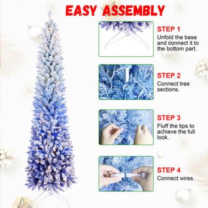 6FT Blue Gradient Flocked Pencil Christmas Tree With 200 Warm White LED Lights, 485 Tips, Hinged Branches, Slim Design, Metal Stand Narrow Prelit Tree For Holiday Home Decor
