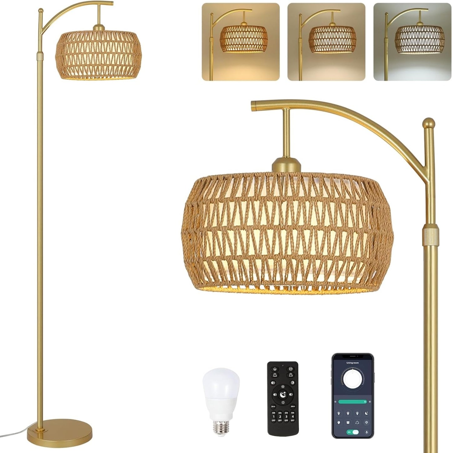 US Local Floor Lamp With 3 Color Temperatures, LED Gold Floor Lamp With Remote & Stepless Dimmable Bulb,