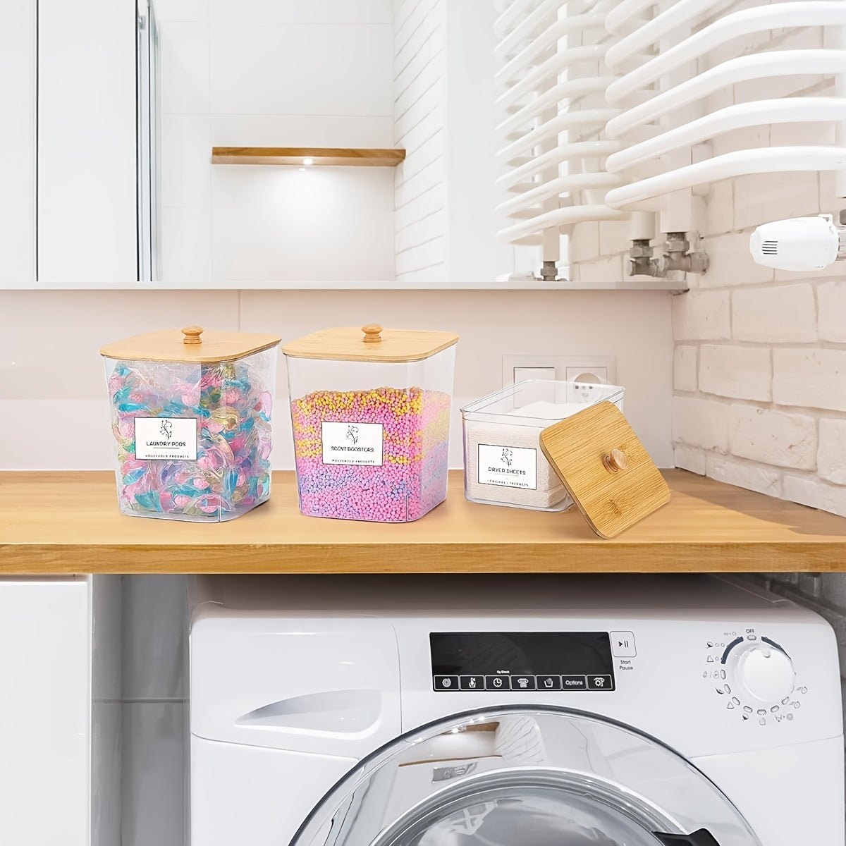 US Local 3-Pack Laundry Room Organization Storage Boxes, Clear Laundry Bead Containers And Dryer Sheet Holders Set With Lids And Labels For Detergent, Washing Powder, Dryer Balls, Laundry Beads