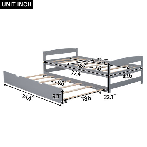 US Local Twin Size Platform Bed With Twin Size Trundle, Gray
