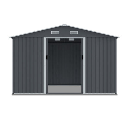 US Local Outdoor Storage Shed 8 X 10 FT Large Metal Tool Sheds  Heavy Duty Storage House With Sliding Doors With Air Vent For Patio Lawn To Store Bikes Tools, Lawnmowers Grey