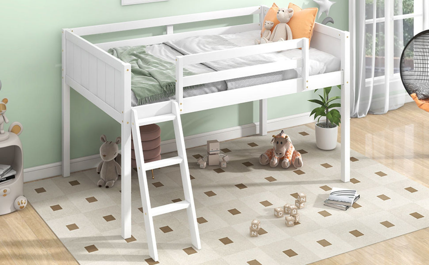 US Local Twin Size Wood Low Loft Bed With Ladder, Ladder Can Be Placed On The Left Or Right, White