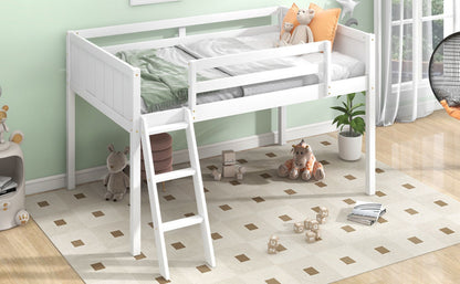 US Local Twin Size Wood Low Loft Bed With Ladder, Ladder Can Be Placed On The Left Or Right, White