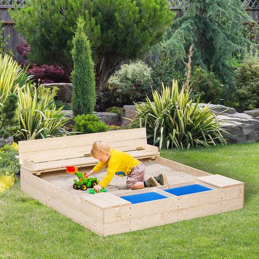 US Local Kids Sandbox w/ Two Boxes Foldable Bench Seat Waterproof Cover Bottom Liner Storage Space