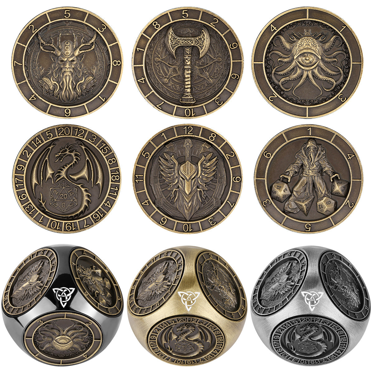 US Local 6-pack DND Dice Wheel Gift Box Set, Retro Wheel Metal Polyhedral Board Game Prop, Desktop Role Playing Decoration Collectibles Game Dice Accessories