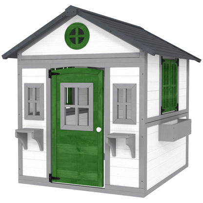 US Local Wooden Playhouse For Kids Outdoor With Doors, Windows, Planter Pots And Boxes For Toddlers 3-8 Years, White