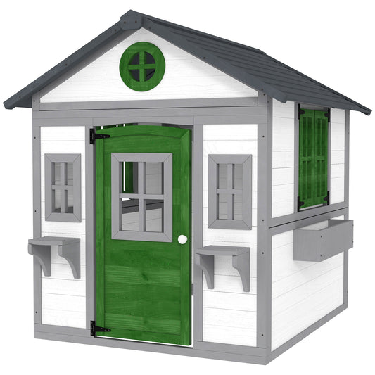 US Local Wooden Playhouse For Kids Outdoor With Doors, Windows, Planter Pots And Boxes For Toddlers 3-8 Years, White