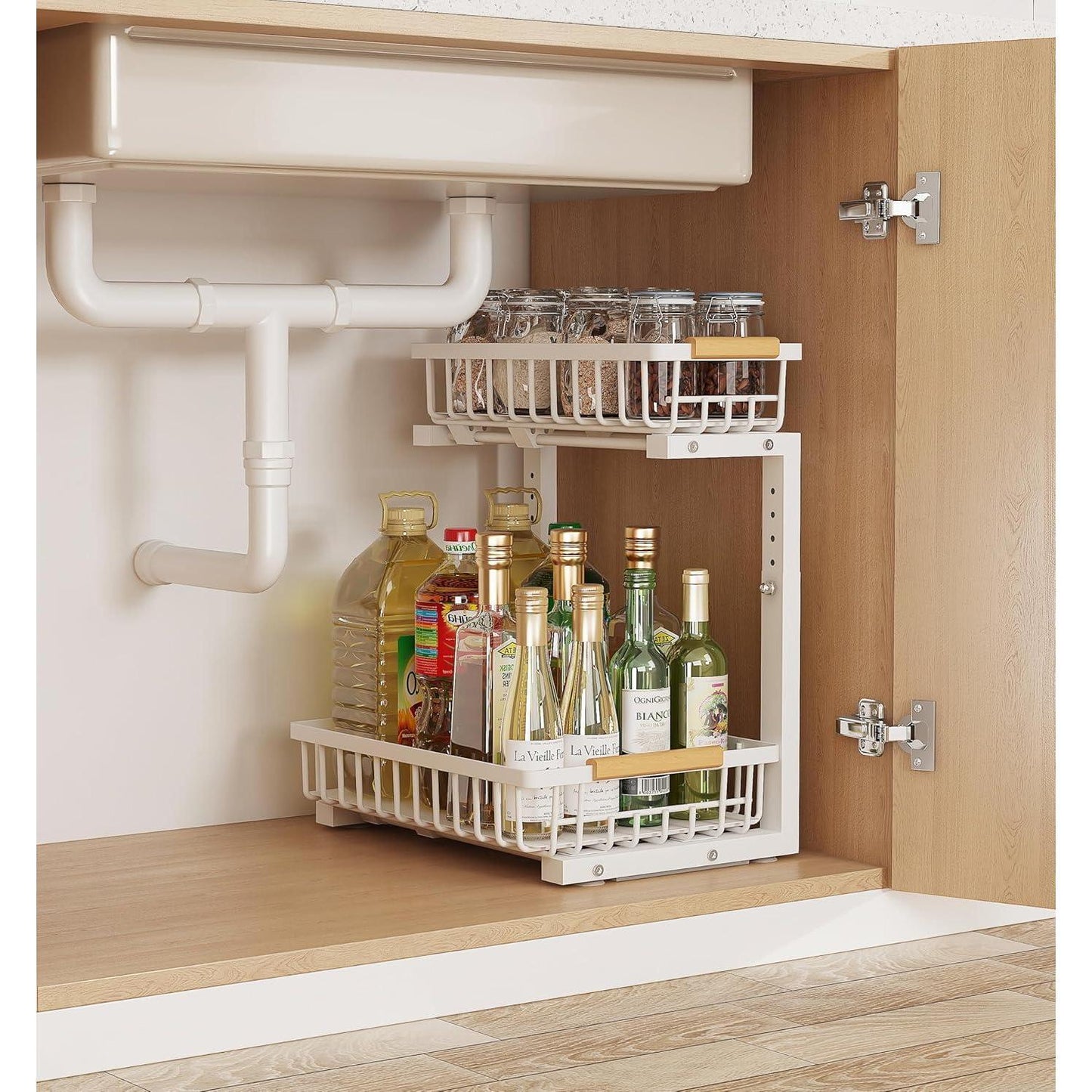 US Local Metal Adjustable Height Two-Tier Drawer Kitchen Bathroom Under Sink Storage Rack