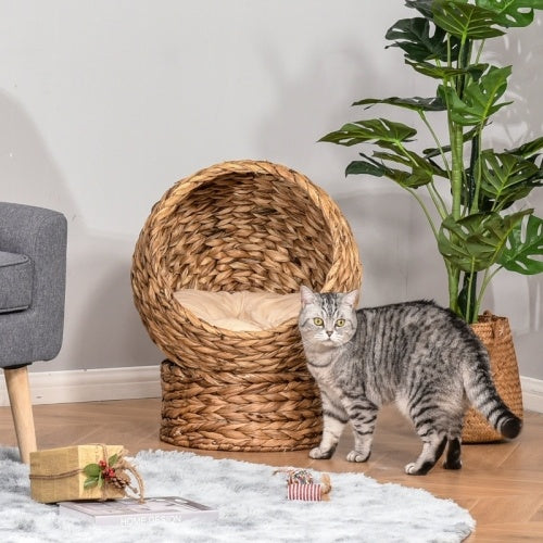 UK Local PawHut Wicker Cat Bed, Raised Rattan Cat Basket With Cylindrical Base, Soft Washable Cushion, 50 X 42 X 60 Cm - Brown