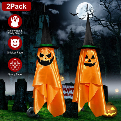 US Local 2 Pcs Hanging Ghosts With Wizard Hat Snicker Scary Face Halloween Party Hanging Decorations Pumpkin Wizard Hat For Eave Tree Porch