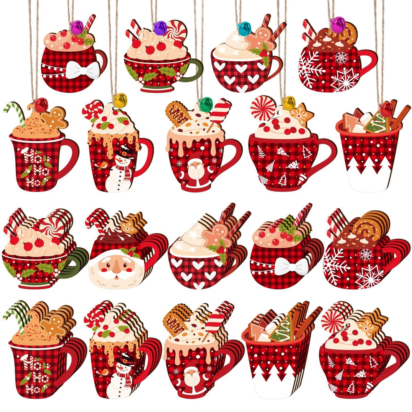 US Local 50 Pieces Christmas Wooden Ornaments Hot Cocoa Blanks Pendants Unfinished Predrilled Wood Buffalo Plaid Coffee Mug Slices Hanging For Xmas Festivals DIY Crafts Decoration, 10 Styles