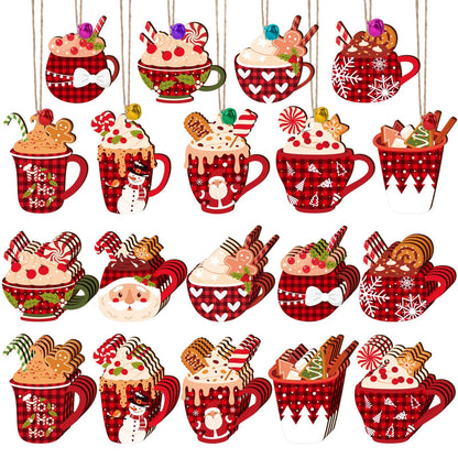 US Local 50 Pieces Christmas Wooden Ornaments Hot Cocoa Blanks Pendants Unfinished Predrilled Wood Buffalo Plaid Coffee Mug Slices Hanging For Xmas Festivals DIY Crafts Decoration, 10 Styles