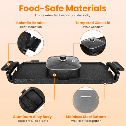 US Local 2 In 1 Electric Hot Pot With Grill 2800W Smokeless Non-Stick Korean BBQ Grill Shabu Shabu Hot Pot Combo With Independent Temperature Control 5 Gears Firepower For 3-10 People