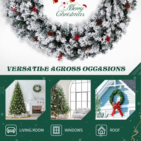 US Local 48in Pre-lit Snow Flocked Christmas Wreath, Lighted Artificial Xmas Wreath With 150 Warm White Lights And 450 PVC Tips And DIY Ornaments, For Front Door Gate Wall Xmas Party Decorations, Snowy Green