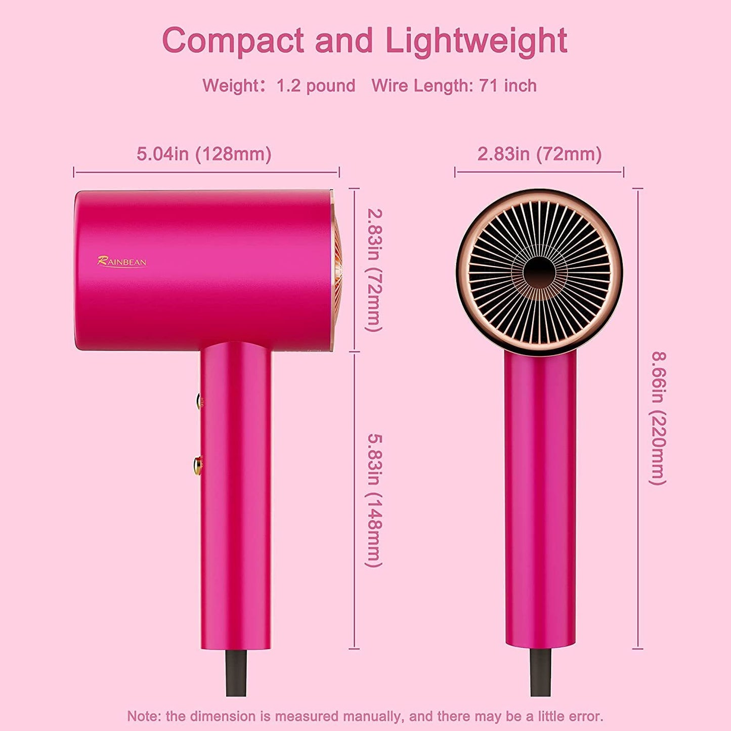 USA Local Water Ionic Hair Dryer, 1800W Blow Dryer With Magnetic Nozzle 2 Speed And 3 Heat Settings Powerful Low Noise Fast Drying Travel Hair Dryer For Home Travel
