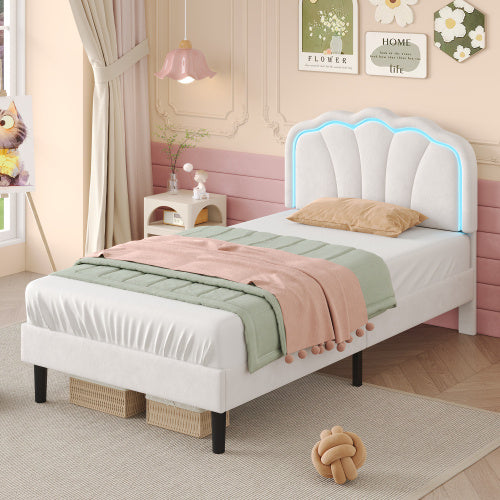 UK Local 3ft Single Upholstered Bed With LED Adjustable Shell Shape Headboard, Soft Velvet Bed Frame With Solid Wood Slat, No Box Spring Needed, Easy Assembly, Cream White No Mattress