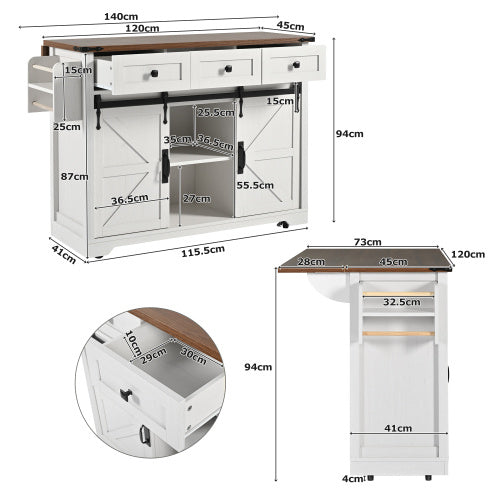 UK Local Kitchen Island, Serving Cart With Extendable Worktop, Kitchen Cart On Wheels, Kitchen Cabinet With 2 Sliding Doors And 3 Drawers, Dining Cart With Wood Grain, Kitchen Cabinet
