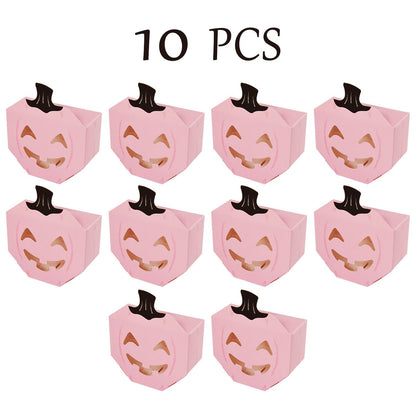 US Local 10 Pcs Halloween Pink Pumpkin Gift Boxes Unique Candy Boxes With Hollow Scary Smiley Face Window Trick Or Treat Candy Goodie Bags For Halloween Birthday Party Haunted House Table Decoration