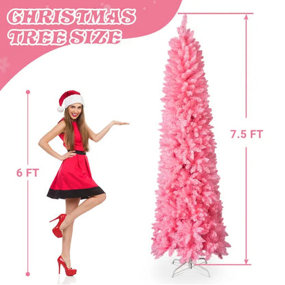 US Local 7.5 FT Hinged Christmas Tree, Artificial Pencil Christmas Tree, Unlit Artificial Christmas Pine Tree With 1075 Branch Tips And Sturdy Stand, Pink