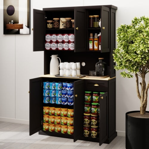 US Local Kitchen Pantry Storage Cupboard With Microwave Countertop, Freestanding Cabinet With Adjustable Shelves, 6 Doors And 1 Drawer - Black