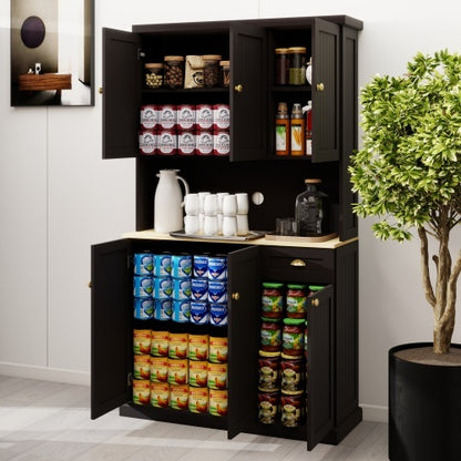 US Local Kitchen Pantry Storage Cupboard With Microwave Countertop, Freestanding Cabinet With Adjustable Shelves, 6 Doors And 1 Drawer - Black