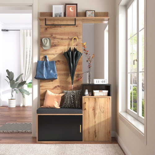 UK Local Wardrobe Set, With 4 Coat Hooks, Mirror, Shoe Cabinet, Wall-mounted Coat Rack, Upper Storage Shelf, Hallway Wardrobe With Bench Seat.