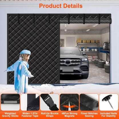 US Local 1 Pc 16x7FT Magnetic Thermal Insulated Garage Door Curtain For Winter Two Car Garage Screen With Magnetic Closure 8 Roll Up Buckle Straps For Two Cars Weatherproof Windproof Soundproof