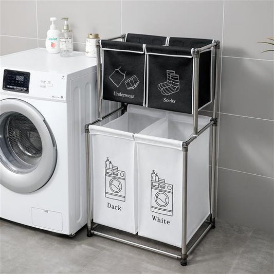 US Local Laundry Basket 2 Tiers Laundry Sorter With 4 Removable Bags For Sorting Clothes, Laundry, Light, Dark Laundry