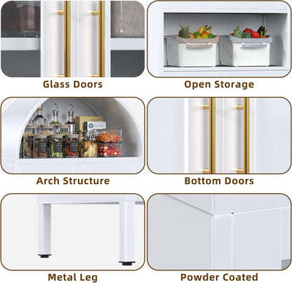 US Local 73 In Tall Metal Arched Cabinet, Kitchen Pantry Cabinet With Glass Door, Modern Farmhouse Arched Bookcase With 2 Adjustable Shelves For Living Room, White, Assembly Required