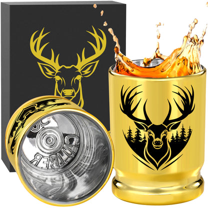 US Local 2 pcs  50 Caliber Deer Head Golden Plastic Wine Glasses With Gift Box - Leak Proof, Reusable - Stylish Animal Print Design, Suitable For Whiskey, Tequila, Etc