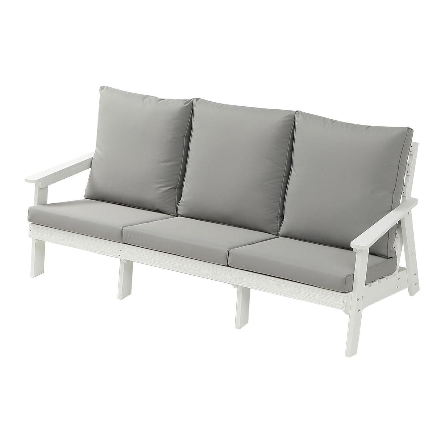 US Local HIPS 3 Seater Sofa With Cushion, Wood Grain Outdoor Garden Sofa,White Grey