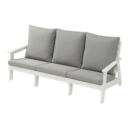 US Local HIPS 3 Seater Sofa With Cushion, Wood Grain Outdoor Garden Sofa,White Grey