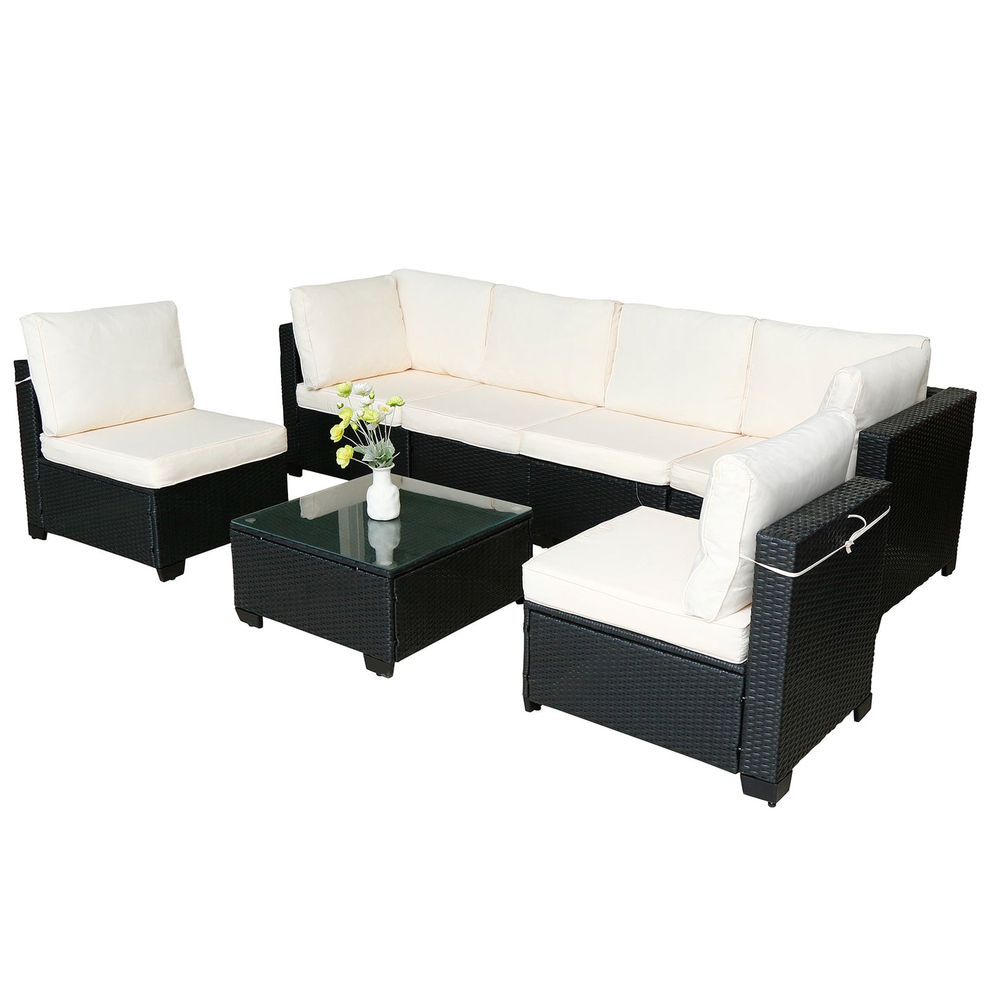 US Local Seven-Piece Sofa Set Table With Sofa Chair Black PE Rattan Outdoor New Design Furniture 7-JH002 Box 3-1-2-3 With White Color Cushion