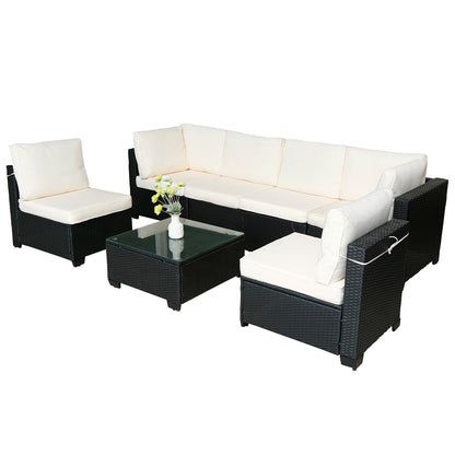 US Local Seven-Piece Sofa Set Table With Sofa Chair Black PE Rattan Outdoor New Design Furniture 7-JH002 Box 3-1-2-3 With White Color Cushion