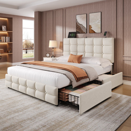 UK Local 4ft6 Double Upholstered Bed With 4 Storage Drawers, Velvet Bed Frame With Charging Station. Adjustable Button Tufted Headboard With USB And Type - C Ports, No Box Spring Needed, Grey No Mattress
