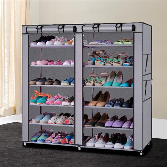 US Local 6-story Double Row 12 Grid Non-woven Fabric Shoe Cabinet Gray