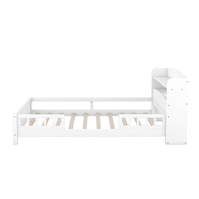 US Local Wood Full Size Platform Bed With Built-in LED Light, Storage Headboard And Guardrail, White