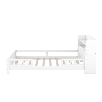 US Local Wood Full Size Platform Bed With Built-in LED Light, Storage Headboard And Guardrail, White