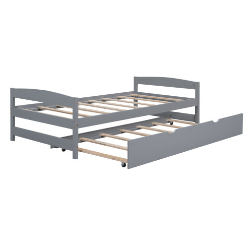 US Local Twin Size Platform Bed With Twin Size Trundle, Gray
