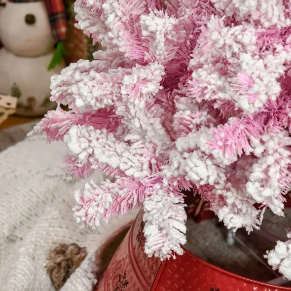 US Local 7.5' Tall Unlit Snow Flocked Artificial Christmas Tree Slim Pencil Xmas Tree With Pine Shape And Realistic Branches, Pink