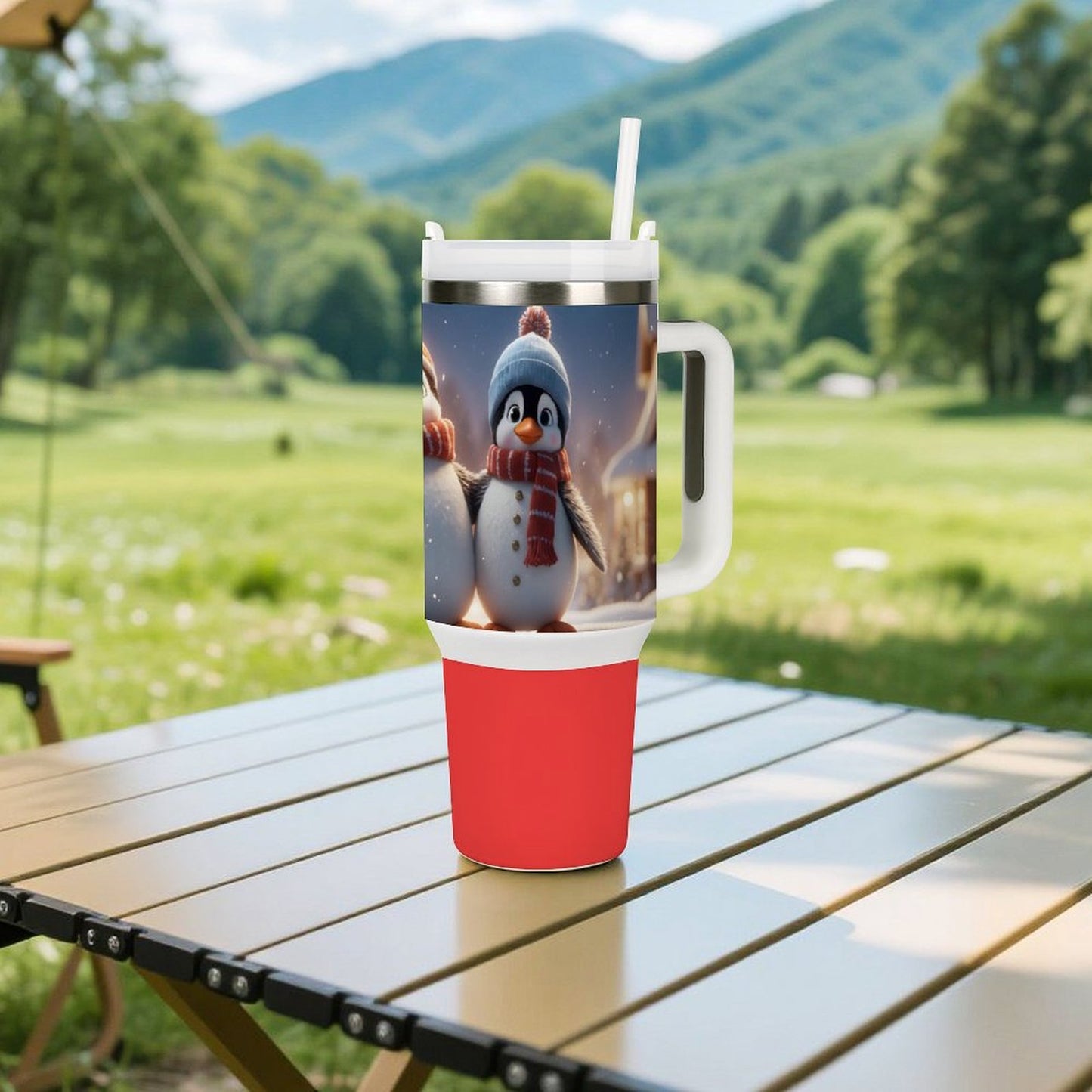 USA Local Large Capacity Car Cup Xmas Penguin_2 Red 40oz