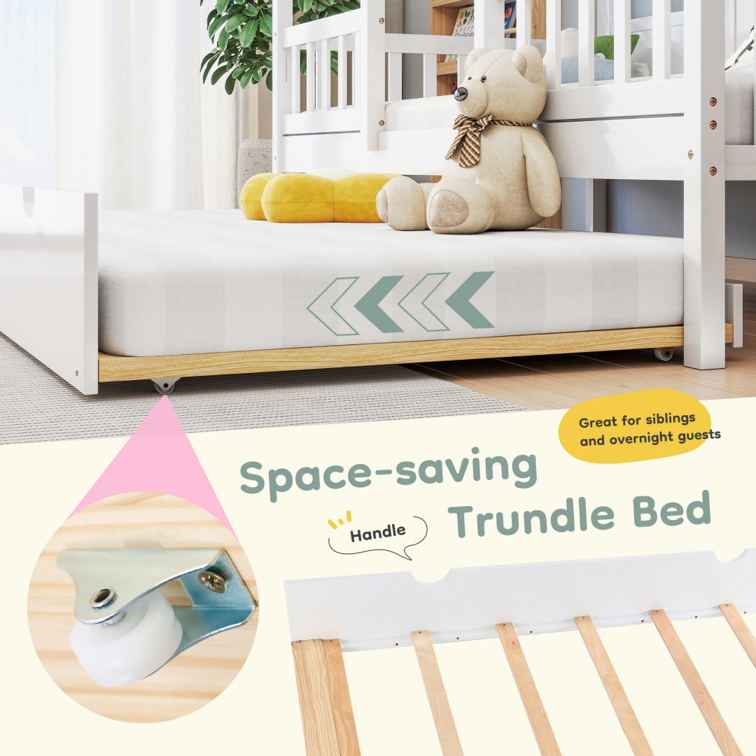 US Local Twin House Bed With Trundle, 77.95'' Wooden Playhouse Bed Frame For Kids With Safety Rails & Window--A-B Combo Sale, Please Do Not Purchase Individually