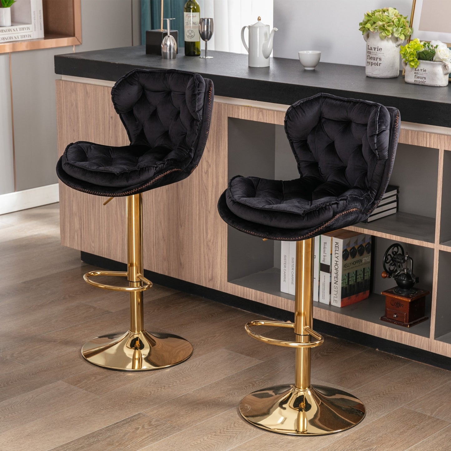 US Local Set Of 2 Bar Stools Chrome Base, Swivel, Adjustable Height, Velvet